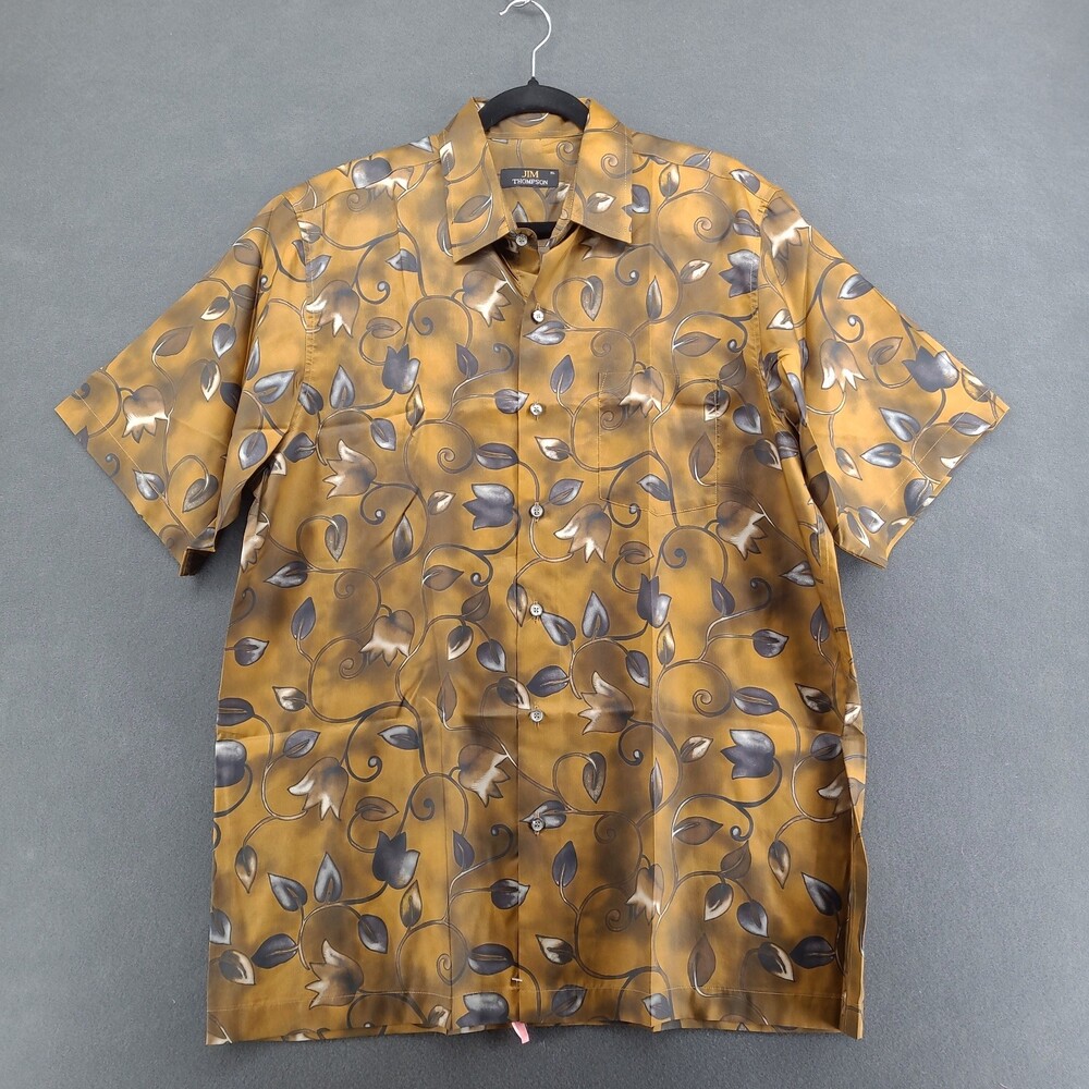 Jim Thompson Thai Silk Shirt Mens XL Gold Brown Floral Camp Hawaiian Resort SS